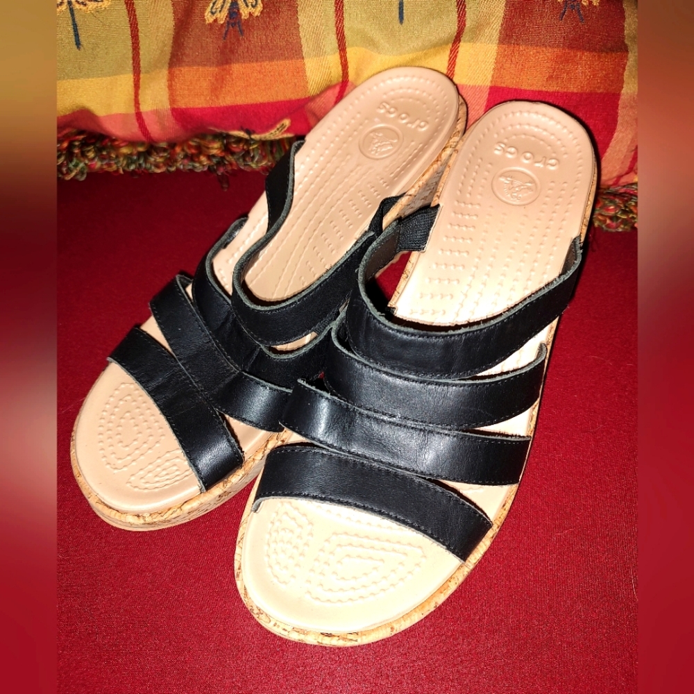 Crocs, Black Wedge Sandal, Open Back